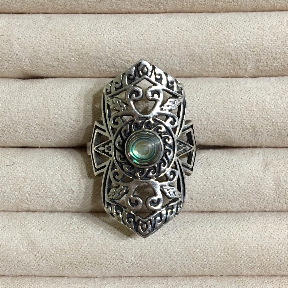 Intricate Silver Abalone Shield Ring - image 2